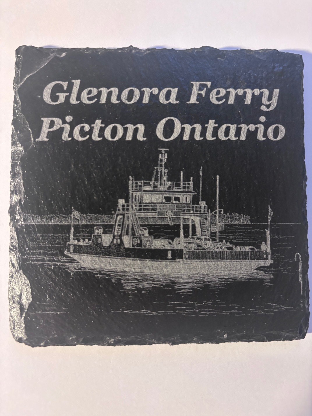 Engraved slate coaster depicting the Glenora Ferry in Picton, Ontario