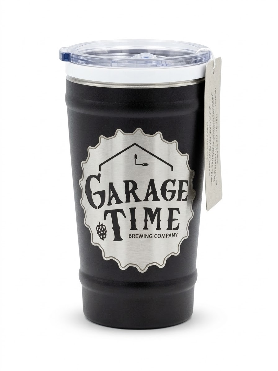 Black stainless steel tumbler engraved for Garage Time Brewing